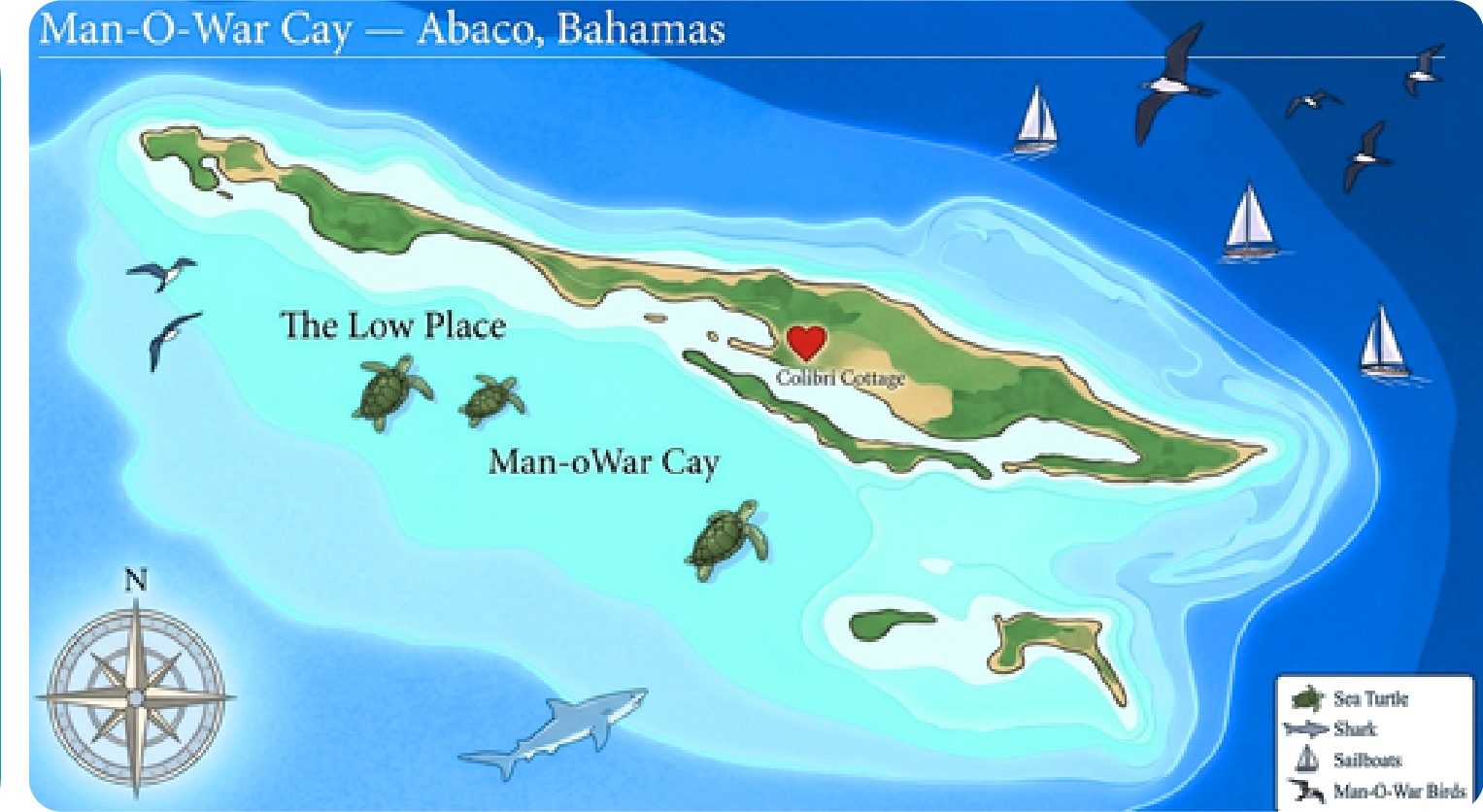 Illustrated map of Man-O-War Cay showing Colibrí Cottage